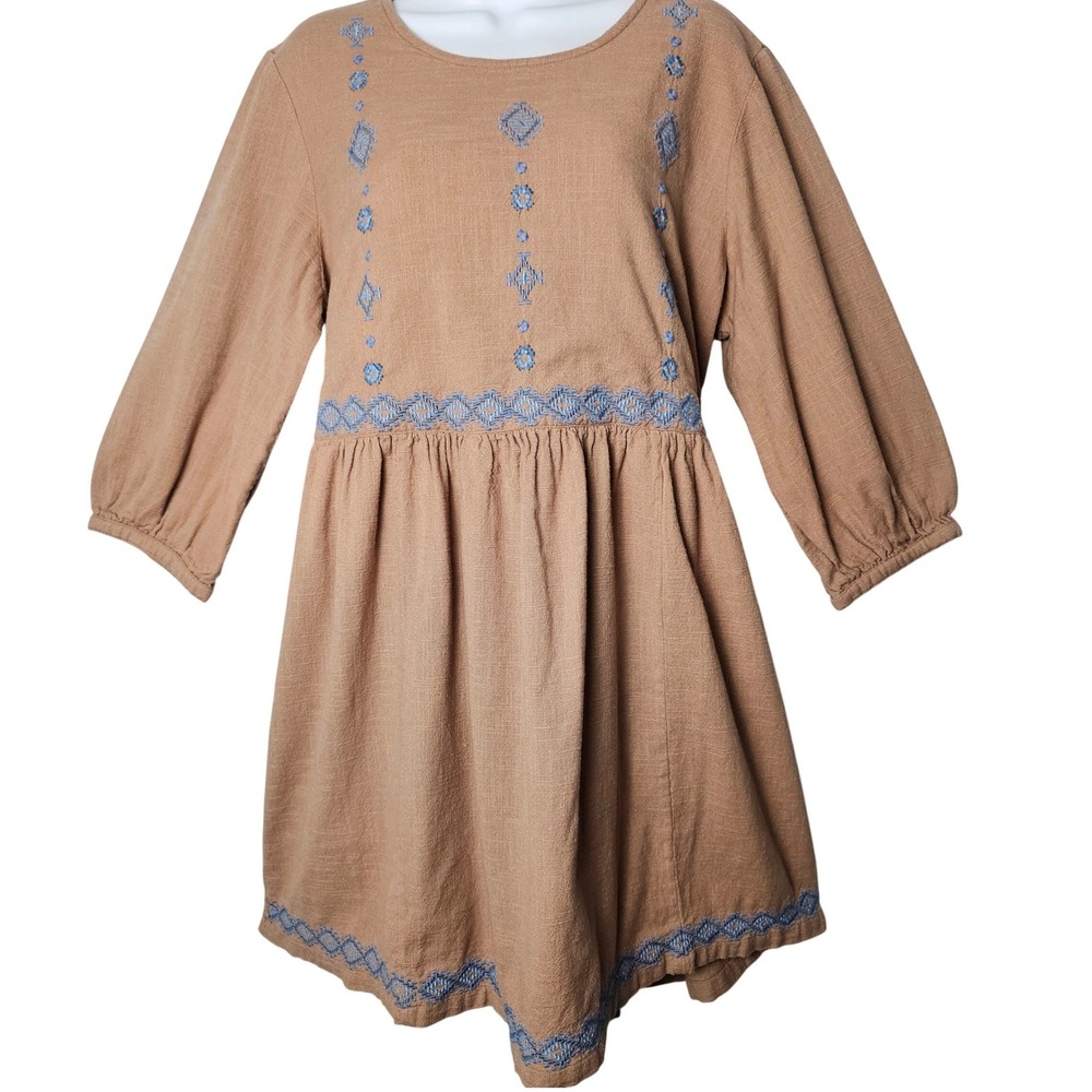 April Cornell Brown Cotton Gauze Embroidered Boho Peasant Dress Cottagecore L‎